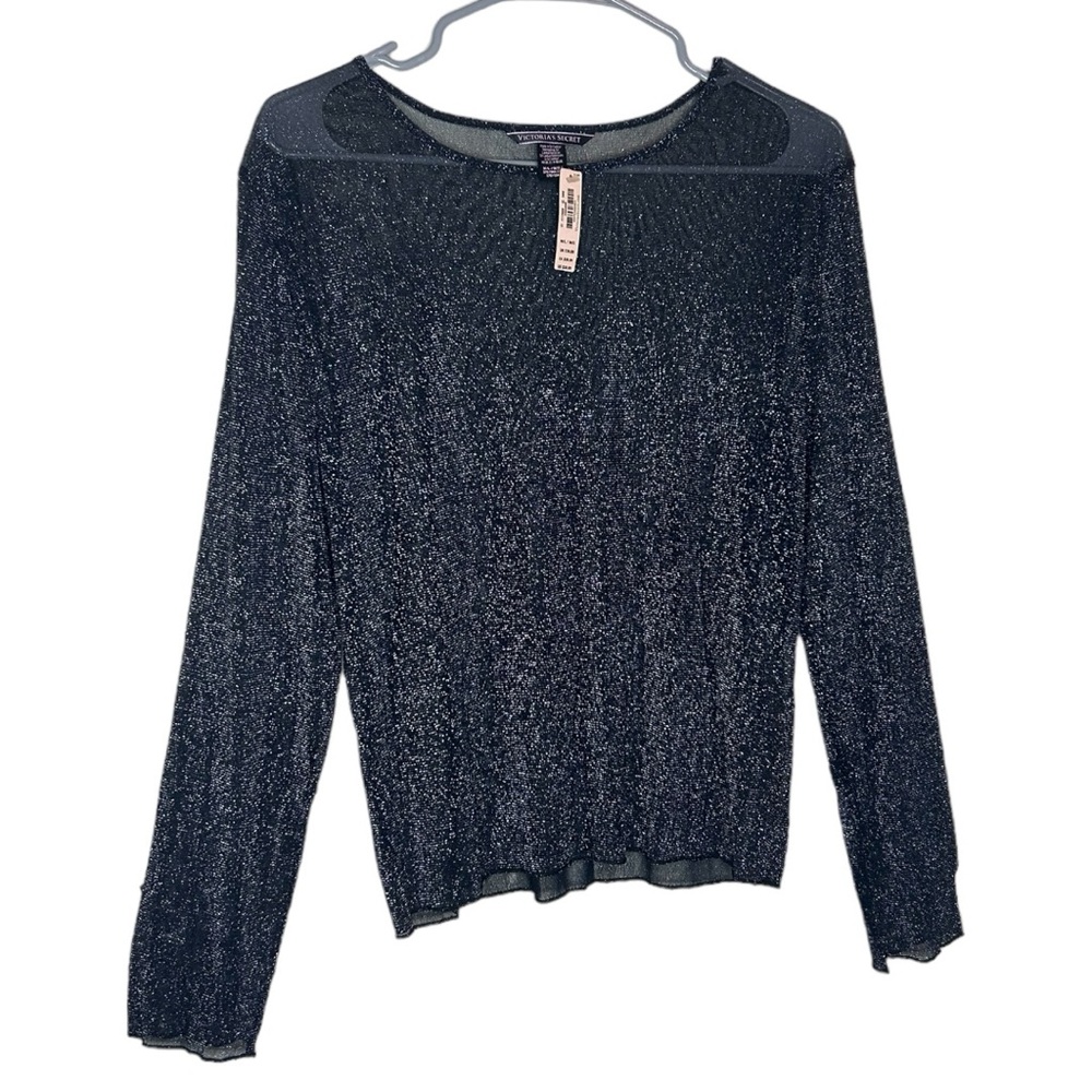NWT Victoria's Secret Black Metallic Sheer Long Sleeve Top Size Medium/ Large - Picture 9 of 10